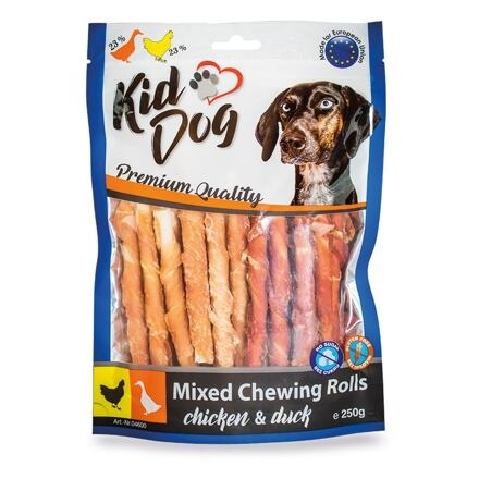 Papírenské zboží - KIDDOG mix buvolích tyčinek s kuřecím a kachním masíčkem - 8 mm/12 cm 250 g 